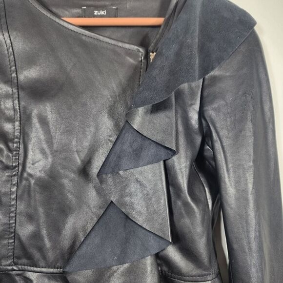 Zuiki Black Ruffled Italian Moto Peplum Style Faux Leather Jacket Size Medium - Picture 7 of 8